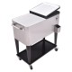 Stainless steel 80 quart patio rolling ice beverage cooler with dual access lids and locking casters for easy mobility.