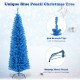 6ft blue pencil Christmas tree with 520 branch tips and sturdy metal stand, perfect for narrow spaces and festive decor.