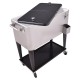 Stainless steel 80 quart patio rolling ice beverage cooler with two access lids and bottom shelf for easy mobility.