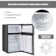 Compact stainless steel refrigerator with adjustable thermostat, featuring interior lights and multiple storage options.