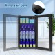Beverage mini refrigerator with glass door, 120-can capacity, reversible door, and interior LED light for easy access.
