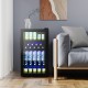 Beverage mini refrigerator with glass door, holding 120 cans, featuring LED light and chrome shelves for easy access.