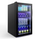 Compact 120 can beverage mini refrigerator with a sleek glass door, featuring a reversible design and interior LED.