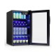 Beverage mini refrigerator with glass door, holding 120 cans, featuring LED light and removable chrome shelves.