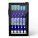 Beverage mini refrigerator with glass door and interior LED light, featuring a sleek design for convenient beverage.
