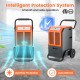 Commercial dehumidifier in gray, removing 163 pints daily, featuring overflow protection and portable design for.