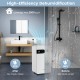 32 pints dehumidifier in white, ideal for 2000 sq. ft. spaces, shown in a bathroom setting, highlighting moisture.