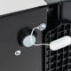 Close-up of the self-dispensing feature on the silver nugget ice maker, showcasing the drain cap and water tank.