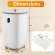 Cylindrical 35L towel warmer bucket in white with dimensions shown, featuring auto shut-off and water collection tray.