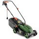 Electric corded lawn mower in black and green with a 13-inch cutting width and 25L collection box for efficient grass.