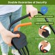 Electric corded lawn mower with safety features, 13-inch cutting width, and foldable handle for easy storage.