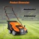 16-inch electric lawn dethatcher and scarifier in orange, featuring adjustable heights and a 14.5-gallon collection bag.