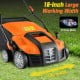 16-inch electric lawn dethatcher in orange with a 15 Amp motor, designed for efficient lawn care and easy storage.
