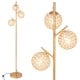 Three-globe floor lamp in gold with acrylic shades, foot switch, and sturdy base for stylish home or café lighting.