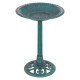 Green pedestal bird bath feeder made of weather-resistant resin, featuring a decorative bowl and easy no-tool assembly.