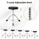 Adjustable padded stool with chrome base for comfort, suitable for use with electric drum sets and easy storage.
