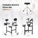 Foldable electric drum set with adjustable stool, featuring double-layer mesh pads and USB MIDI for versatile practice.