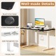 Electric standing desk with round corners, dual motors, cable management holes, and a hanging hook for organized.