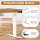 Electric standing desk with walnut surface, dual motors, height adjustment, and adjustable foot pads for stability.