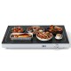 Electric warming tray with adjustable temperature, featuring a tempered glass top and various dishes for buffet use.