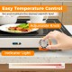 Electric warming tray with adjustable temperature control and indicator light, perfect for keeping food warm at events.