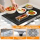 Electric warming tray with adjustable temperature, built-in handles, and ventilation holes for safe food warming.