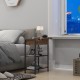 C-shaped end side table in rustic brown with charging station, wheels, and open shelves for easy access and storage.