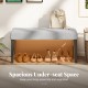 End of bed bench with gray padded seat and solid wood legs, featuring spacious under-seat storage for shoes and.