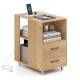 End table on wheels with built-in charging station, two drawers, and open shelves for versatile storage solutions.