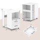 White end table with built-in charging station, two drawers, and three shelves on wheels for versatile storage and.