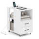 White end table on wheels with built-in charging station, two drawers, and three open shelves for versatile storage.