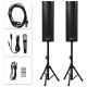 Set of 2 bi-amplified 2000W tower speakers with tripod stands, microphone, and remote control for versatile audio use.