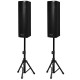 Set of 2 bi-amplified 2000W tower speakers on adjustable tripod stands for professional audio applications.