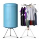 Portable ventless laundry clothes dryer with a blue cover, holding garments on hangers for efficient drying and storage.