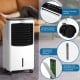 3-in-1 portable evaporative air conditioner with remote control, featuring a large water tank and honeycomb cooling pad.