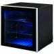 Mini beverage refrigerator with glass door, 60-can capacity, chrome shelves, and interior LED light for easy access.