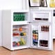 Compact stainless steel refrigerator with adjustable shelves, crisper drawer, and separate freezer for organized food.