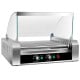 Stainless steel commercial hot dog roller grill with 11 rotating rollers and toughened glass hood for even heating.