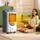 Portable air cooler fan with heater and humidifier, featuring a honeycomb cooling pad, remote control, and caster.
