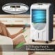 Portable air cooler fan with heater and humidifier function, featuring an LCD display and remote control for easy.