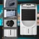 Portable air cooler fan with heater and humidifier, featuring a 7L water tank and universal casters for easy mobility.