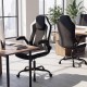 Ergonomic black office chair with flip-up armrests, upholstered in linen fabric, perfect for dynamic workspace comfort.