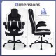 Ergonomic black office chair with dimensions, featuring 90° flip-up armrests and a weight capacity of 275 lbs.