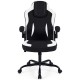 Ergonomic black office chair with 90° flip-up armrests, upholstered linen fabric, and adjustable height for comfort.