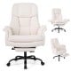 Ergonomic white office chair with retractable footrest and adjustable armrests for cross-legged seating and comfort.
