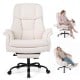 Ergonomic white office chair with retractable footrest, adjustable armrests, and sturdy metal base for comfort and support.