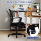 Ergonomic desk chair in black with lumbar support, rocking function, and adjustable height for comfortable office use.