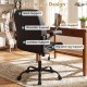 Ergonomic black leather office chair highlighting neck, lumbar, and arm support features for comfortable seating.