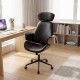Ergonomic black office chair with headrest, adjustable height, and curved armrests for home office comfort and support.