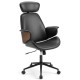 Ergonomic black office chair with headrest, adjustable height, and wood-like accents for home office comfort.